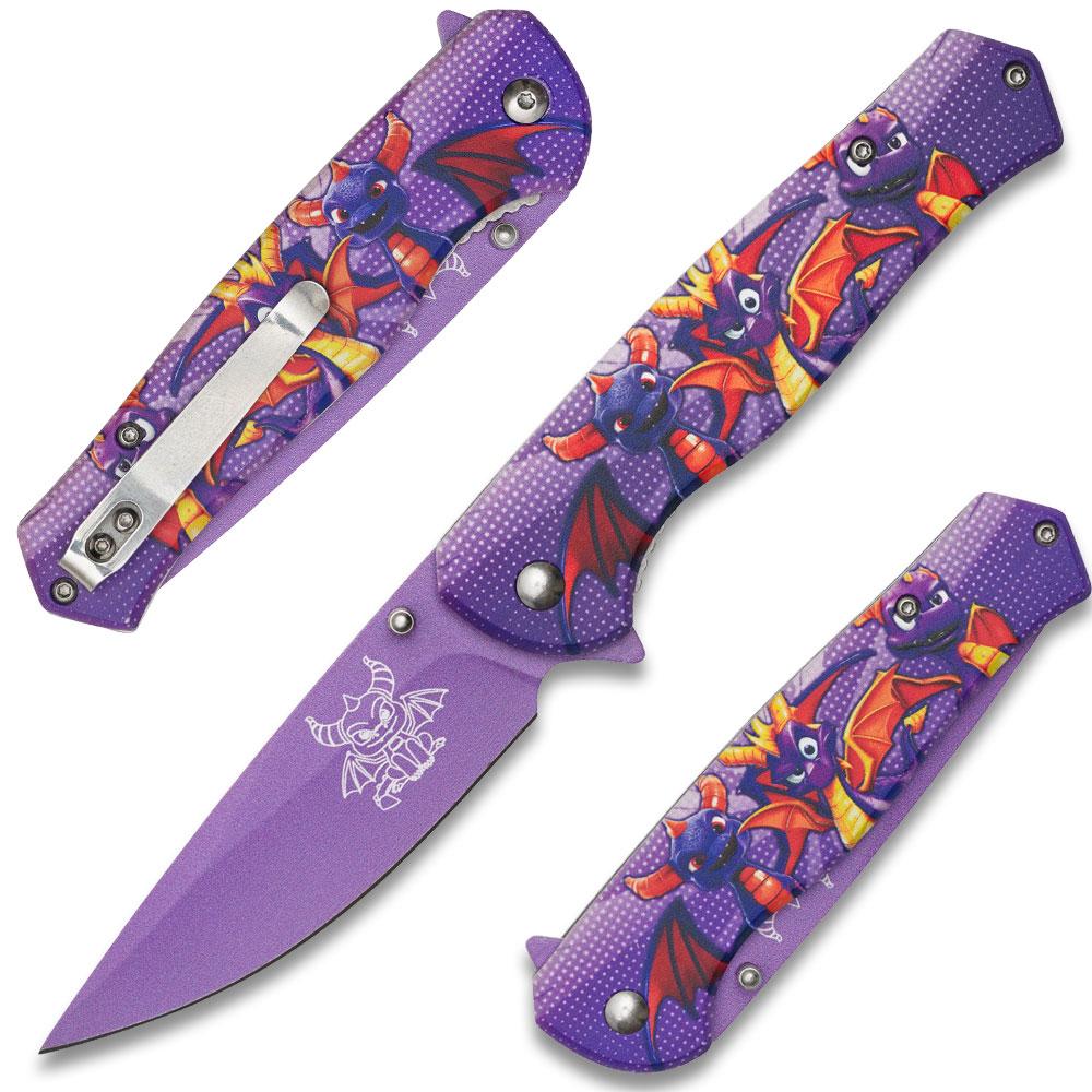 8" Purple Spyro-Inspired Folding Pocket Knife with Graphic Steel Blade & Belt Clip