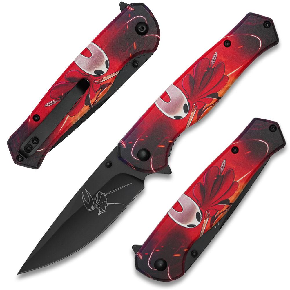 8" Red Hornet Tactical Folding Pocket Knife with Etched Black Blade & Belt Clip