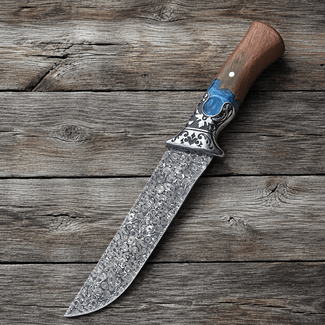 Ornate Blue Resin Wood Handle Fixed Blade Knife