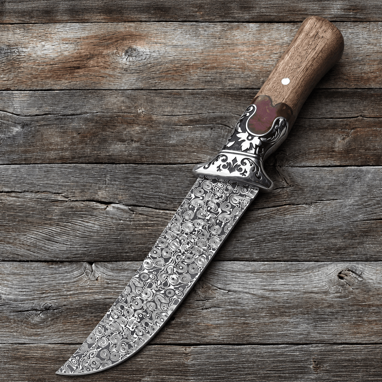 Ornate Red Resin Wood Handle Fixed Blade Knife